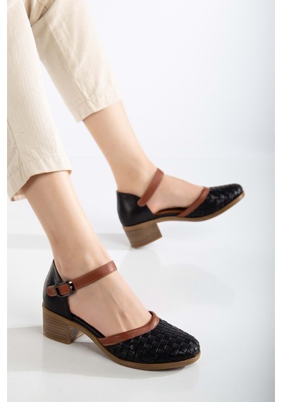 Analin Shoes Kadın Hakiki Deri Burnu Kapalı Örgülü Sandalet Siyah