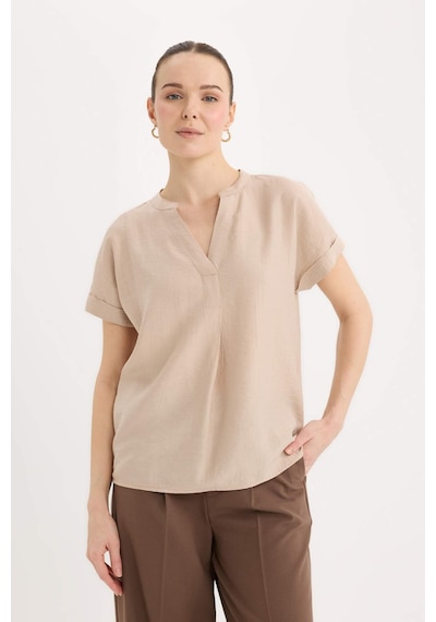 Defacto Regular Fit Bisiklet Yaka Krinkıl Kumaş Kısa Kollu Bluz D8682ax25spbg722 Bej