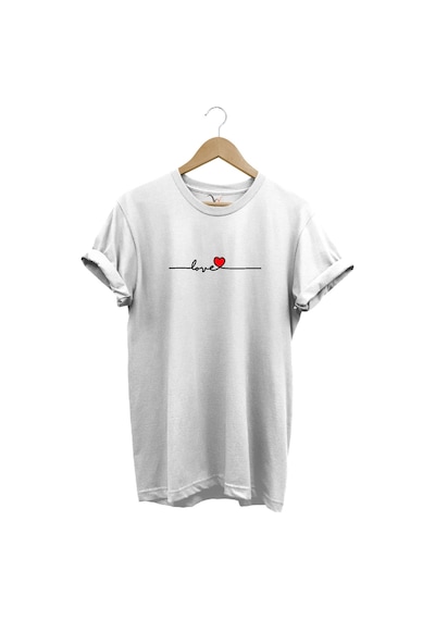 Sevgililer Günü Hediyesi Love Yazı Baskılı Kalpli %100 Pamuk Regular Fit Bisiklet Yaka Beyaz T-shirt Beyaz