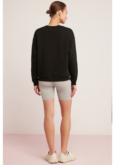 Ethıquet Sahra Kadın Pamuklu Içi Polarlı Yumuşacık Oversize Yuvarlak Yaka Basıc Siyah Sweatshirt