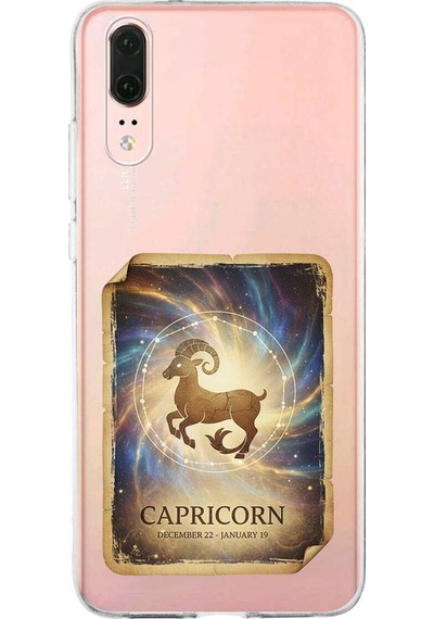 Huawei P20 İle Uyumlu Burç Kartları Oğlak Tasarımlı Şeffaf Silikon Kılıf Şeffaf