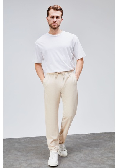 HLT Jeans Erkek Bej Relaxed Fit Yandan Cepli Beli Lastikli Bağcıklı Duble Paça Jogger Pantolon Bolt-1999 Bej
