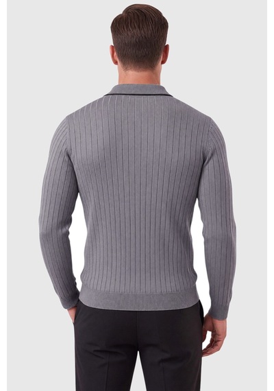 Deepsea Erkek Slim Fit Tüylenmeyen Çizgi Dokulu Füme Triko Kazak Fermuarlı Polo Yaka 2700401 Deepsea Erkek Slim Fit Tüylenmeyen Çizgi Dokulu Füme Triko Kazak Fermuarlı Polo Yaka 2700401