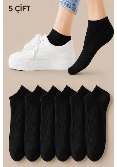 Worthy Socks 5'li Kadın Fitilli Kısa Siyah Patik Çorap