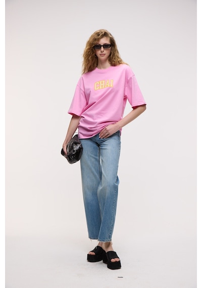 ETHIQUET GOJI Kadın %100 Pamuk Baskılı Oversize Fit Bisiklet Yaka Kısa Kollu Pembe T-Shirt