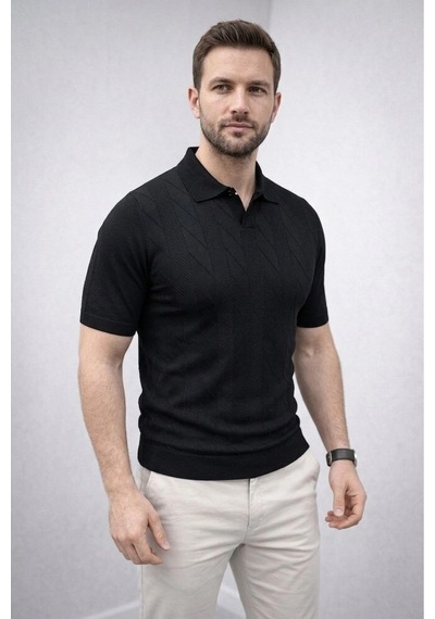 Erkek Yazlık Triko Dokuma Tişört Kısa Kol Polo Yaka T-shirt - Siyah