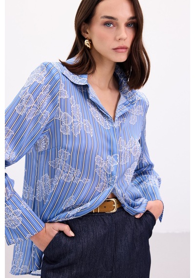 Sateen Geniş Manşetli Gömlek - Mavi-136905 Mavi