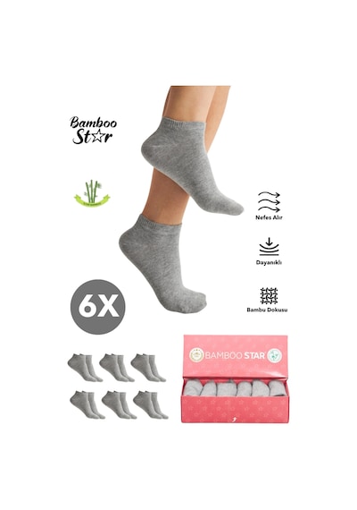 Bamboo Star Bambu Kadın Patik Düz Gri Çorap Dikişsiz Premium Kutulu 6'lı Paket