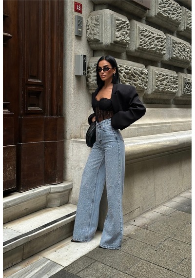 Meecy Kadın Jean Yüksek Bel Palazzo Esnek Kot Pantolon Gök Mavi Gök Mavi