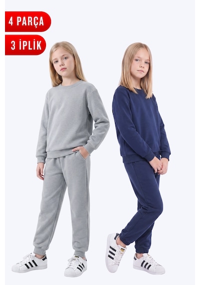 Fyk Kids 3 İplik Düz Kız Çocuk Çift Cepli Bisiklet Yaka 2'li Eşofman Takımı Gri - Lacivert