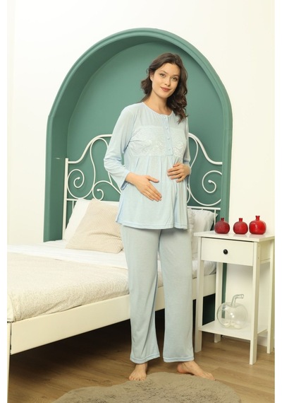 Göğüs Dantel Detaylı Kadın Hamile Pijama Takımı 1031 Mavi
