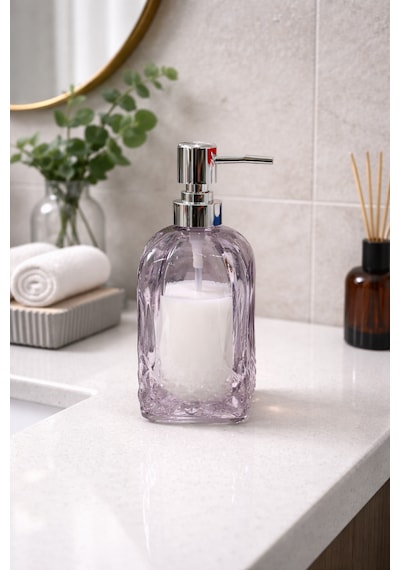 500 Ml Cam Sıvı Sabunluk Krom Başlıklı Şeffaf Cam Sabun Dispenseri, Banyo Mutfak Tezgah Üstü Pembe