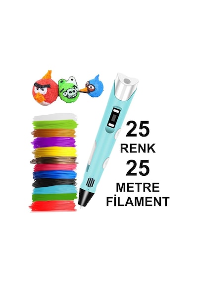 Mavi 3D Kalem Yazıcı+25 Renk 25 Metre (25X1Metre) Pla Filament