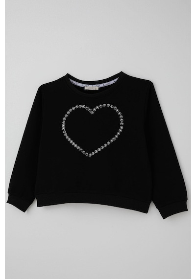 Breeze Kız Çocuk Sweatshirt Taşlı Kalp Baskılı 7-12 Yaş, Siyah Siyah