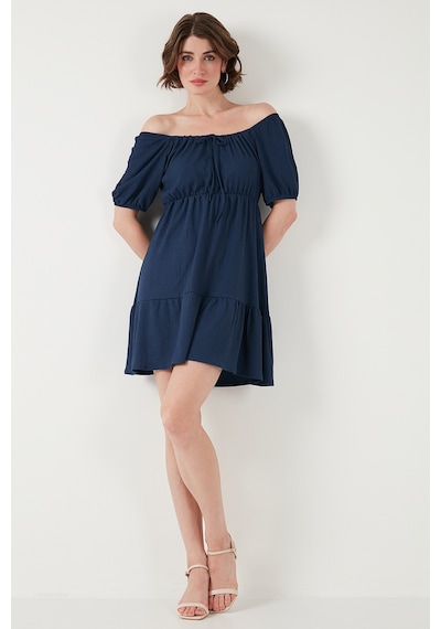 Lela Önü Büzgülü Balon Kollu Mini Bayan Elbise 5869005 Indigo
