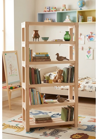 Korfu Kitaplık 80x180 Ham Ladin Ağacı Doğal Ahşap