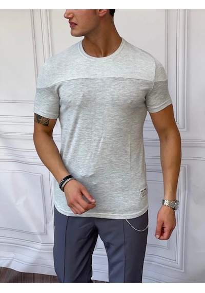 Modefendi Çift Renk Parçalı Detaylı Pamuk Örme Slimfit Tshırt Gri