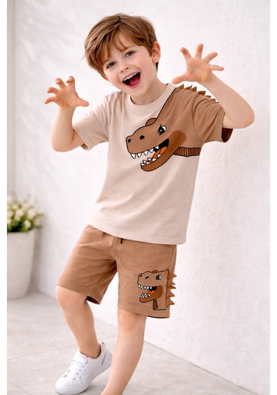 Beka Kids Erkek Çocuk Kısa Kollu Dinazor Baskılı Ve Keçeli Şort Ve Tişört Alt-üst İkili Takım Kahverengi Beka Kids Erkek Çocuk Kısa Kollu Dinazor Baskılı Ve Keçeli Şort Ve Tişört Alt-üst İkili Takım Kahverengi