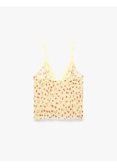 Koton Dantel Detaylı Fiyonklu İnce Askılı Pijama Üstü Ekru Desenli 6slk90066mk