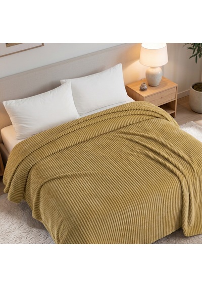 Maxstyle Çizgili Vizon Tek Kişilik Polar Battaniye Hardal 150x220 Cm Renkli