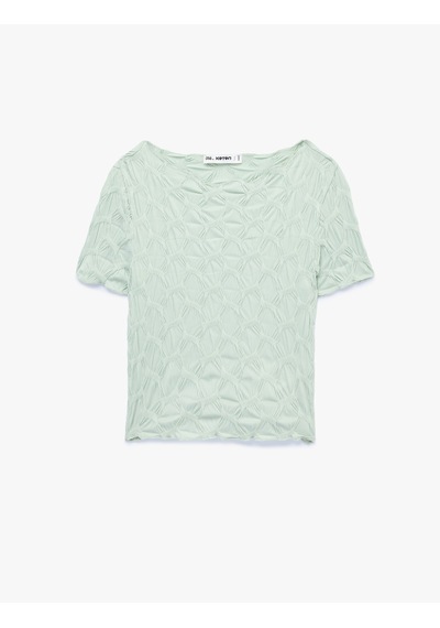 Koton Bürümcük Kumaş Slim Fit Kısa Kollu Kayık Yaka Crop Tişört Yeşil 6sal10639ık