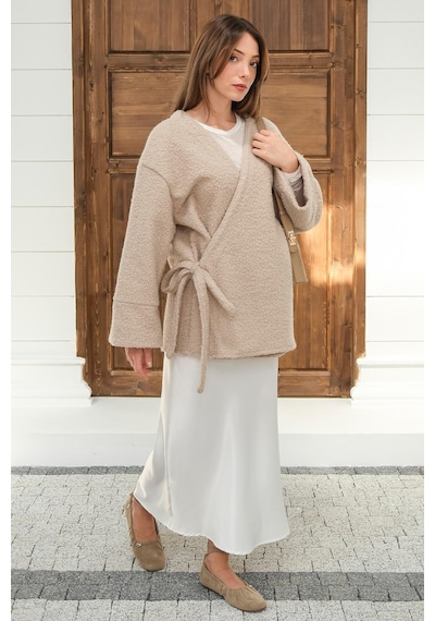 Olcay Önü Bağlamalı Buklet Kimono Ceket Taş 8265