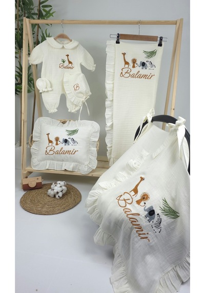 Gros Shop Müslin Yeni Doğan 4katlı Organik %100pamuk Kişiye Özgü Nakışlı Hastane Çıkış Seti-safari Model Ekru