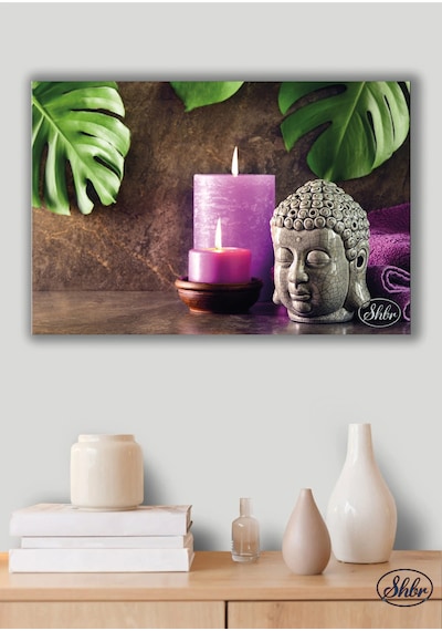 Tekli Yatay Kanvas Tablo Renkli Mumlar Ve Buda Fengshui Spa Dekoratif Kanvas Duvar Tablosu