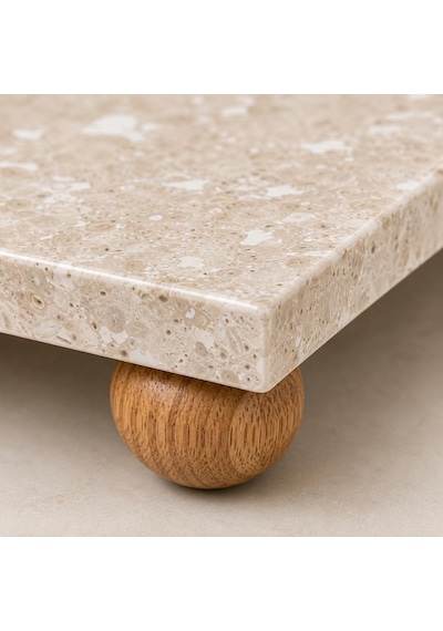 Traverten Mermer Sunumluk Ahşap Ayaklı Doğal Taş Sunum Tabağı Yağdanlık Altlığı Kahvaltılık Standı Dekoratif Tezgah Üstü Sunum Platformu 24x12 Cm Çok Renkli