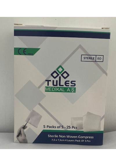 Tules Steril Non Woven Kompres Spanç 7,5 X 7,5cm 4 Katlı 5 'li 25li Paket- 25 Adet