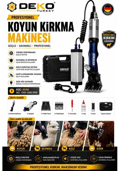 Deko Dek2199 Koyun Kırkma Makinesi 550w Adaptörlü Büyükbaş Küçükbaş Hayvan Kırpma Seti Çantalı