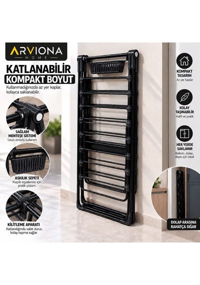 Arvıona 190 Cm Kanatlı Çamaşır Kurutmalığı Mandal Sepetli Metal Siyah