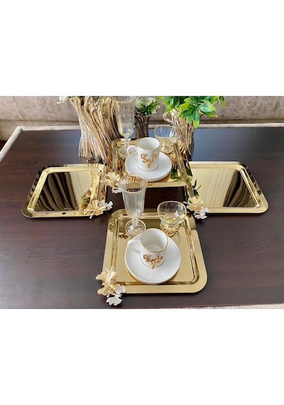 Atabey Home Collection 2 Adet Kahve & Çay & Sunum Tepsisi Gold Tepsi Kelebek Dökümlü