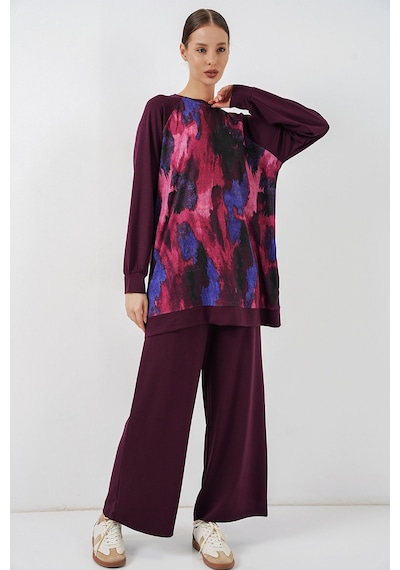 Bigdart Kadın Desenli Oversize Tunik Pantolon İkili Takım 55462 - Mor