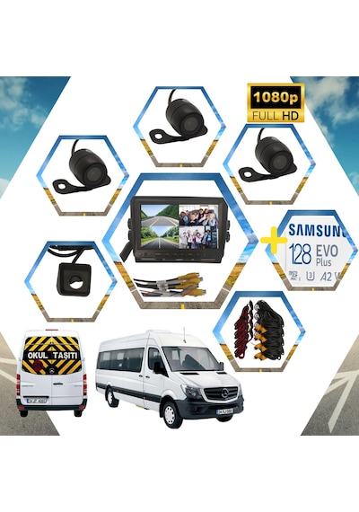 Kayıtlı Okul ve Servis araçları 4 lü Kamera 7 inç Monitör Full S