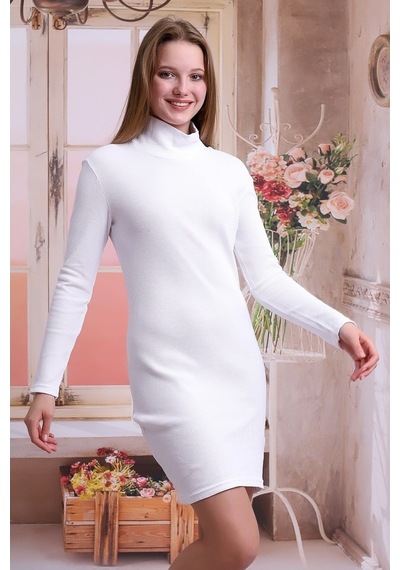Self Clothing Kadın Beyaz Balıkcı Yaka Petek Kumaş Elbise Slf1370 Beyaz