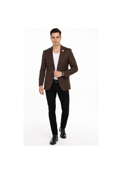 Plus Scorpion Erkek Mono Yaka Tek Düğmeli Çift Yırtmaçlı Blazer Ceket Premium Dokuma Kumaş, 8 Renk Kahverengi