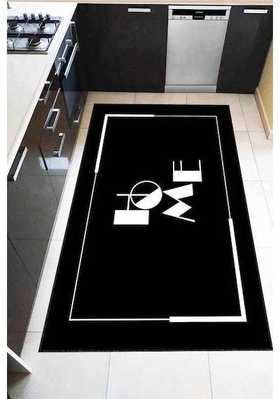 Siyah Kaymaz Taban Yıkanan Home Yazılı Mutfak Halısı Ar1267n11