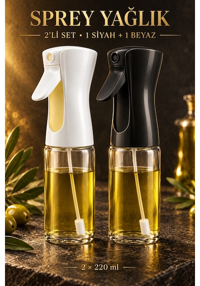 2 Li Cam Sprey Yağlık Seti 2 220 Ml Zeytinyağı Püskürtücü, Salata Ve Airfryer İçin Yağ Spreyi Siyah - Beyaz