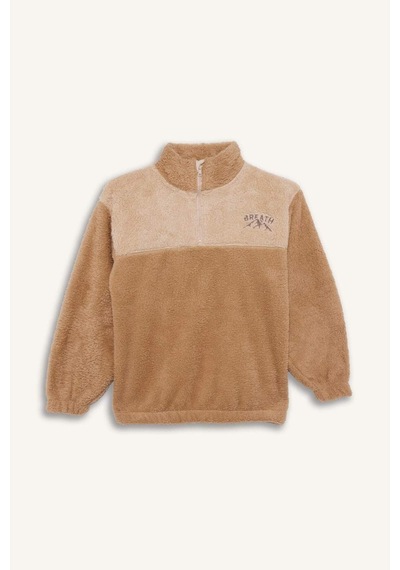 Defacto Erkek Çocuk Fermuarlı Yaka Nakışlı Pelüş Sweatshirt G2946a825wnbg360 Bej