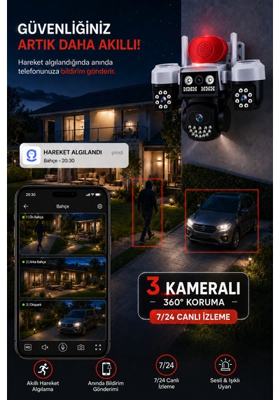 3 Kameralı Wifi Adaptörlü 12mp Hareket Algılamalı Gece Görüşlü Güvenlik Kamerası