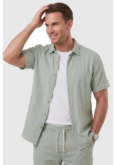 Rizzup Yeşil Slim Fit Çizgi Dokulu Keten Görünümlü Kısa Kol Erkek Spor Gömlek 2602648