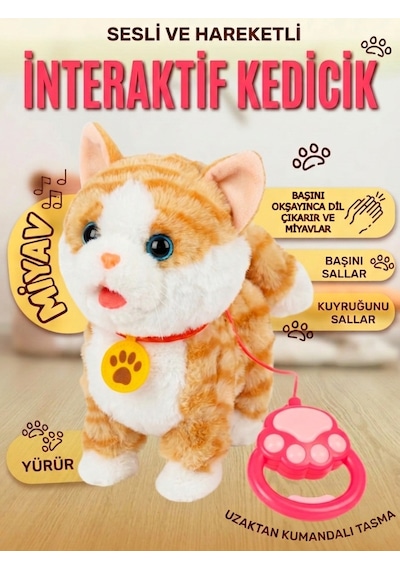 Müzikli Yürüyen Miyavlayan Yalayan Kuyruk Başını Sallayan Ses Kaydı Tekrarlayan Oyuncak Peluş Kedi Sarı