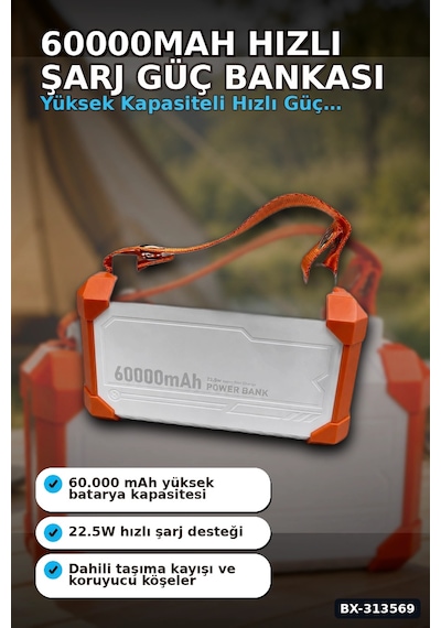 Bay Entegre Kablolu 60000mah 22.5w Hızlı Şarj Powerbank - Çoklu Usb-c Çıkışlı Güç Bankası Bx-313569 Najmaddi Standart