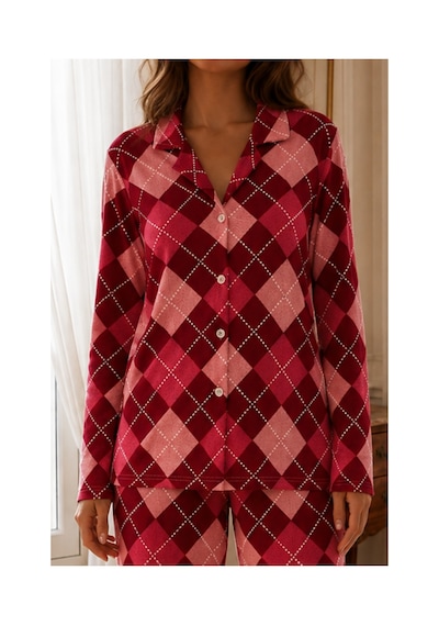 Fit Women Kadın Relax Fit Düğme Kırmızı Pijama Takımı