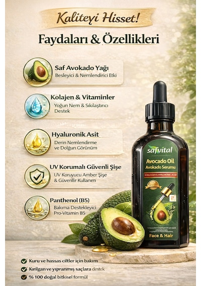 Safvital Avokado Yağı Serumu 100 Ml Kolajen Hyaluronik Asit Nemlendirici Cilt Ve Saç Bakım Yağı