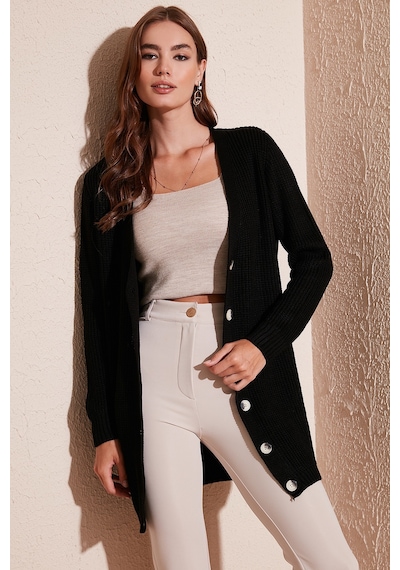 Lela Regular Fit V Yaka Düğmeli Triko Örme Uzun Bayan Hırka 4615044 Siyah