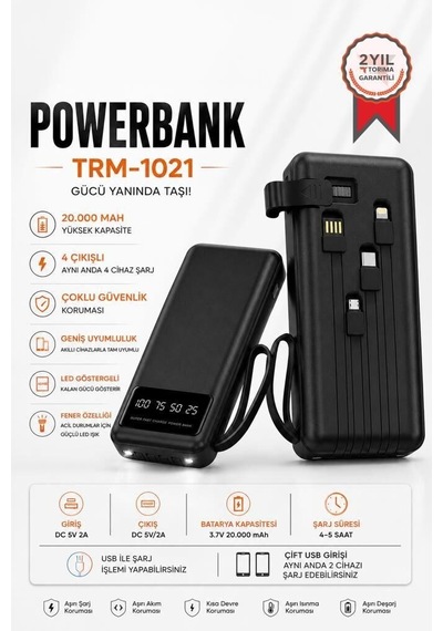 Güç Kaynağı Tablet Bataryası Taşınabilir Batarya 20000 Mah Ledli 4 Çıkışlı Powerbank Çok Renkli
