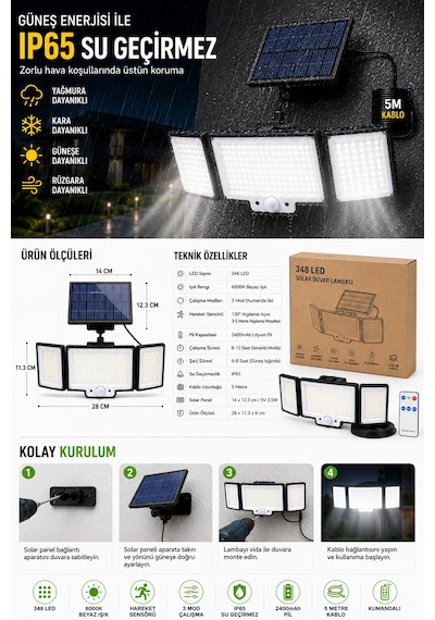 348 Led Solar Duvar Lambası, Güneş Enerjili Dış Mekan Aydınlatma, 5 Metre Kablolu Solar Panel, Hareket Sensörlü, Kumandalı, Ip65 Su Geçirmez Beyaz