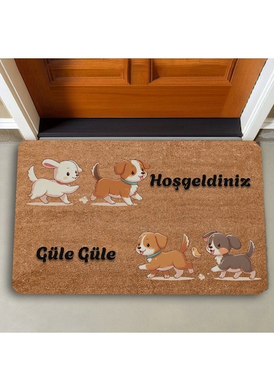 Valerine Life İkili Sevimli Yavru Köpekler Hoş Geldiniz Ve Güle Güle Kapı Önü Paspası 45x70cm